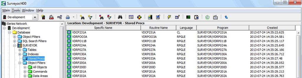 Viewing Stored Procedures Existing stored procedures can be viewed through the Surveyor/400 Visual Tree, Library Properties, or SQL Search.