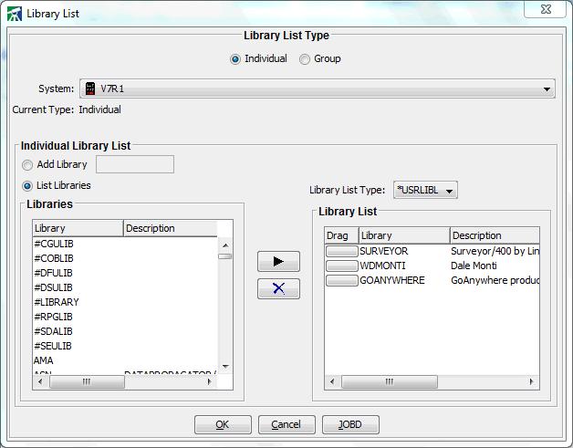 Surveyor/400 Configuration Library Lists Each user is assigned their own library list within Surveyor/400, which contains one or more iseries libraries.