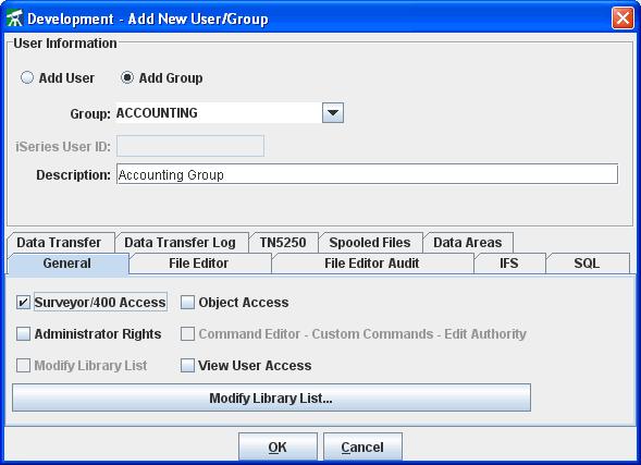 Adding/Editing a User or Group After selecting the Add or Edit button from the User List screen, a dialog will prompt for the values for the User or Group.