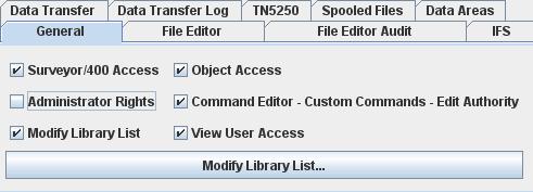 User Access - General tab Listed below is a screen-shot of the General tab on the User Access screen: Field descriptions: Surveyor/400 Access Object Access Administrator Rights Command Editor /