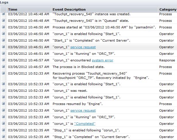 Example: Manual Operator Recovery 6. View the Logs panel of the Process instance 2846. The log displays when the recovery was triggered and by whom it was triggered.