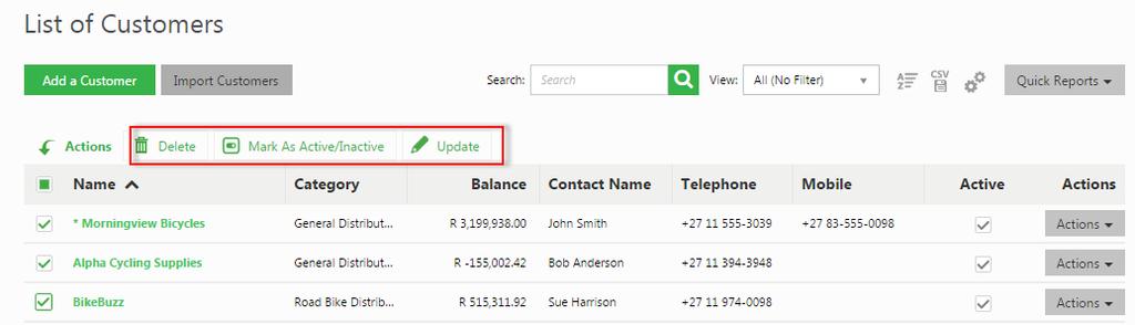Customers Other Bulk Actions Sage One Invoicing allows you to update customer masterfiles in bulk without having to edit one customer at a