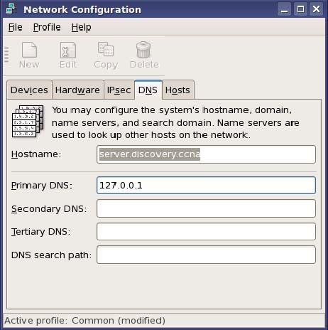 Figure 4: Discovery Server DNS Configuration 9. Next, click the Devices tab. 10. Choose eth0. 11. Click Activate. 12. Answer Yes / OK to any questions. 13. Close the Network Configuration window.