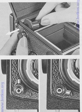 * To minimize the trouble in loading your next film, it is advisable to take out the empty spool from the lower film chamber and to set it in the upper chamber immediately after