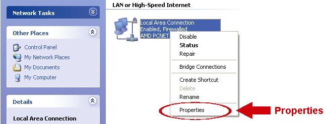 b) In LAN or High-Speed Internet, right-click on Local Area Connection, and select Properties. Note: If your local area connection is not enabled, please also enable it.