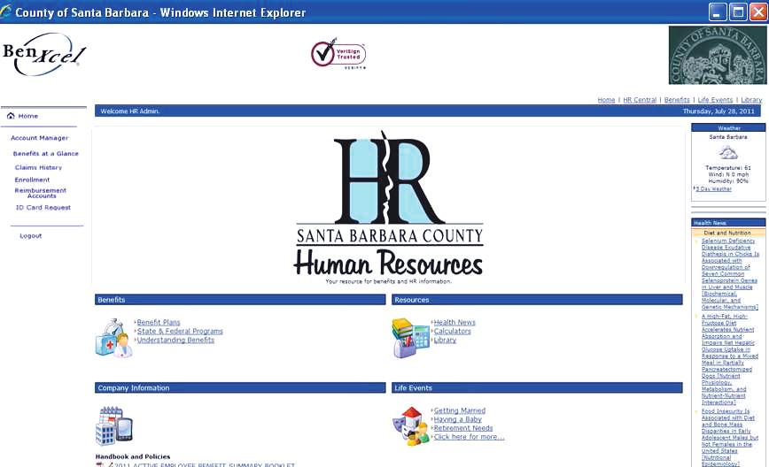 County of Santa Barbara Home Page The County of Santa Barbara s BenXcel home page is an attractive and intuitive website that gives employees easy access to benefit information, health news and