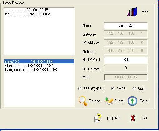 A. Local Devices area: IPEDIT will searching all IP Products 9XXX series in the same local Ethernet, the default name of IR IP Kamera 9060-O is Cam-location, and display the information as select 1.