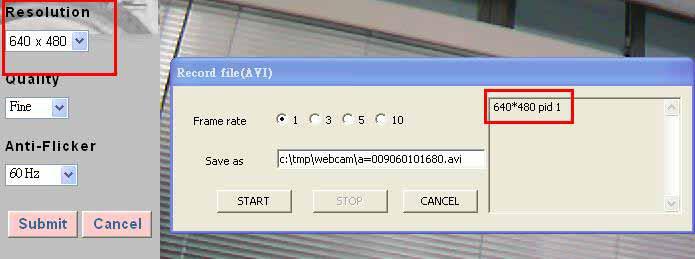 Users can adjust the setting Frame Rate (from1~20), file name and directory. Before start to recrod, you could key in file name and direction directly, for instance C:\tmp\123456.