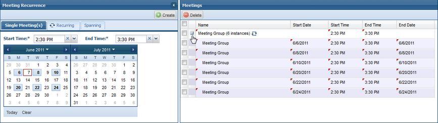 creating multiple meeting dates as a group, the system will prompt you for a group name. This name is displayed for the roll-up event meeting row in lists.