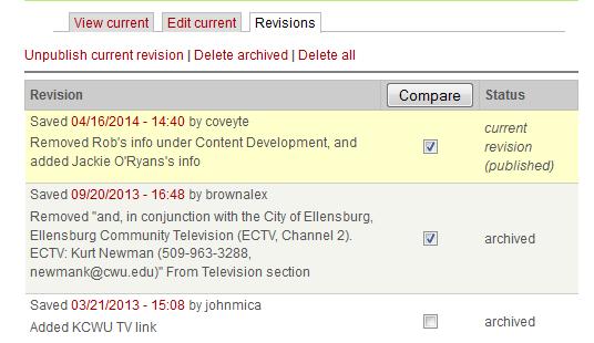 1. Navigate to the page that you would like to compare revisions of and click on the Revisions tab. 2.