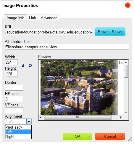 CWU Content management System (CMS) User Guide 32 8. The Image Properties pane will open. Provide a brief description of your image in the Enter Alternate Text field.