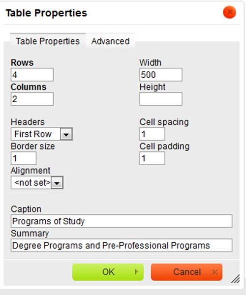 CWU Content management System (CMS) User Guide 72 5. Click the OK button. 6. The table should now be displayed in the editor content area. You may now enter text into your table cells.
