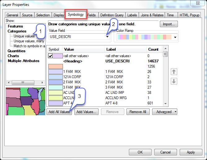 11. Next, click on Add All Values - each unique value in the Use_descri field of the attribute table will appear with its own color. Your dialog box should look something like this 12.