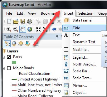 Use the Insert menu function to insert the required map elements: Insert Scale Bar The scale bar you select will be in the Display units of your data frame (e.g., feet).
