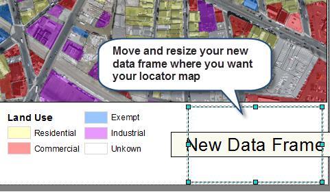 2. Move and resize the new data frame box so it is in the location you want it here we are taking it to the bottom right corner of our layout: 3.