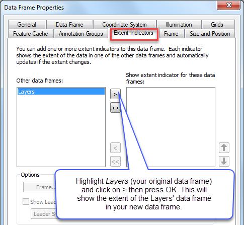 1. Right-click on the new data frame to get its Properties dialog box back. 2. Click on Extent Indicators tab and follow the instructions below, then press OK: 3.