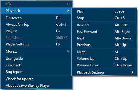 Next to the Playback operations are more options for you to control playback and get more information about Leawo Free Blu-ray Player, including: Fullscreen (F11), Always On Top (Ctrl+T), Playlist