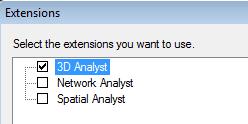 7.3 Creating a TIN Launch the 3D Analyst extension. Make sure the 3D Analyst extension is checked. Launch the 3D Analyst Toolbar.
