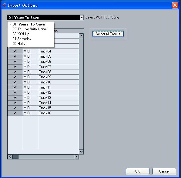 6 From the Import Optios dialog box, select the sog ad track(s) to be imported, the click [OK].