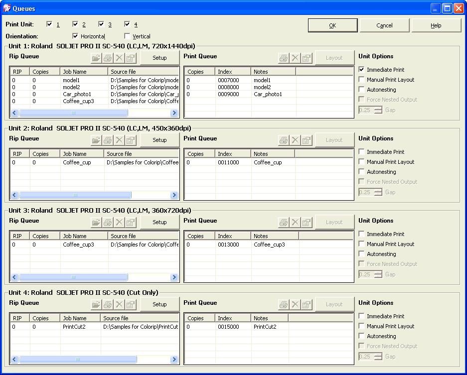 3- The Detail of Job Operations ([Print] Menu) Overview of the [Queues] Window [Print Unit] Check Boxes You select which of the four print units you want to view.