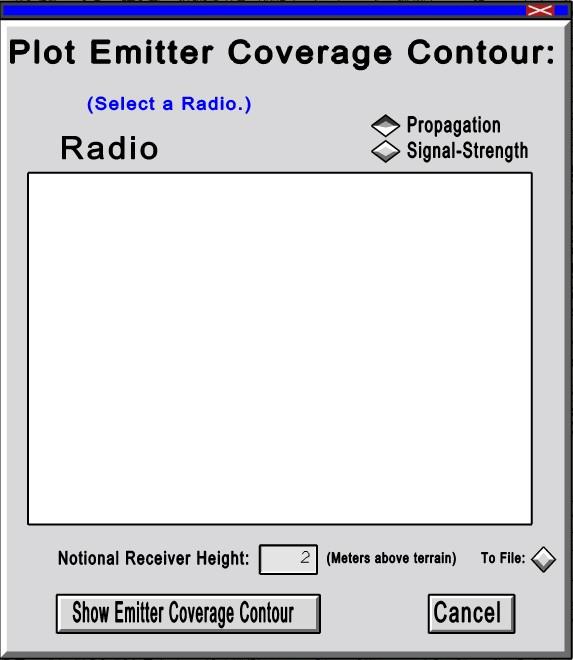 Figure 11 - Plot Emitter Coverage Contour Menu Radio (Organize by Propagation or Signal-Strength) Set the Notional Receiver Height in the