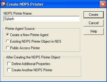 5 In the Create NDPS Printer dialog box, type a name in the NDPS