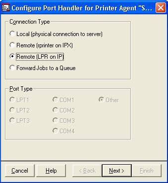 NETWORK SETUP 19 12 Select Remote (LPR on IP) and click Next. A new user interface in the Configure Port Handler dialog box appears. 13 Select Host Address or Host Name.