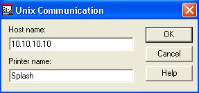 NETWORK SETUP 21 6 In the Unix Communication dialog box, type the EFI Splash RPX-iii Host name (DNS name or IP address), type the Printer name, and then click OK.