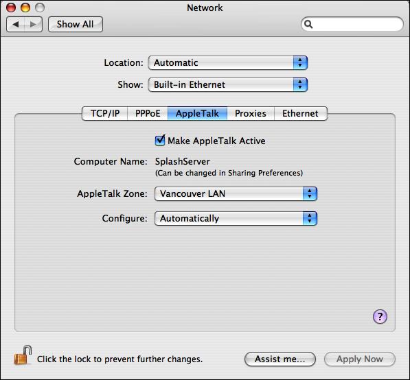 NETWORK SETUP 9 Mac OS 10.4: Choose Built-in Ethernet from the Show menu and click the AppleTalk tab. 3 Select the Make AppleTalk Active option.