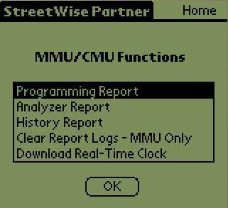 The main MMU/CMU Functions screen will popup showing the various MMU/CMU Functions as shown below. 3.17.1 Programming Report 1.