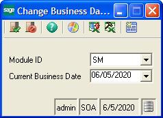 If the Use Same Business Date for All Modules check box is selected, the following window appears. Select the business date and then click the Finish and Exit button (on the left).