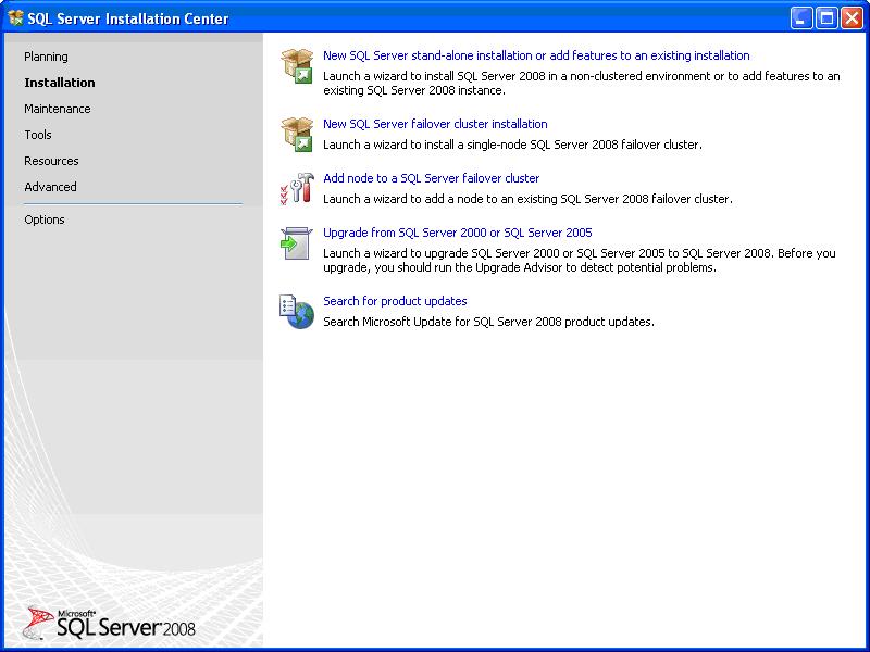3 In the right pane of the Installation option, click New SQL