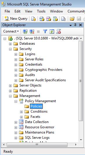 16 From the Programs group, select Microsoft SQL Server Management Studio > Management > Policies.