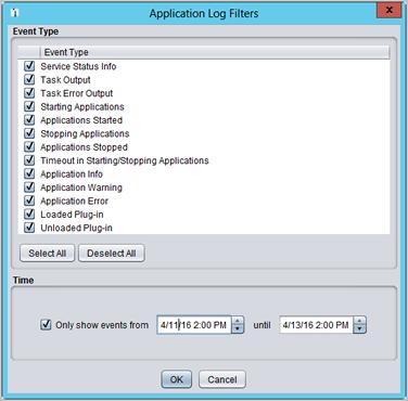 Figure 113: Application Log Filters Use the check boxes (select to display or clear to hide) to filter Application Log entries by at least one Event Type.