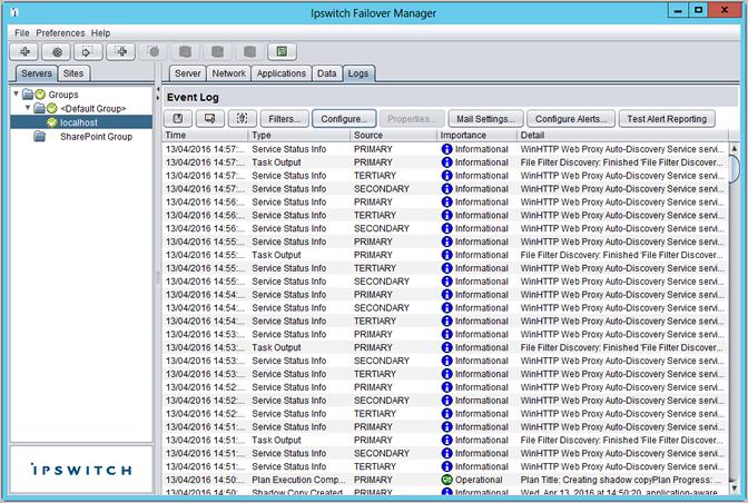 Review Event Logs The events that Ipswitch Failover logs are listed chronologically (by default) in the Event Log pane, the first log appears at the top and subsequent logs below it.