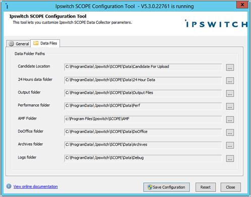 Ipswitch SCOPE Data Collector Service Overview Configure the Data Files tab The Data Files section allows you to configure the file locations for Ipswitch SCOPE Data Collector Service. Procedure 1.