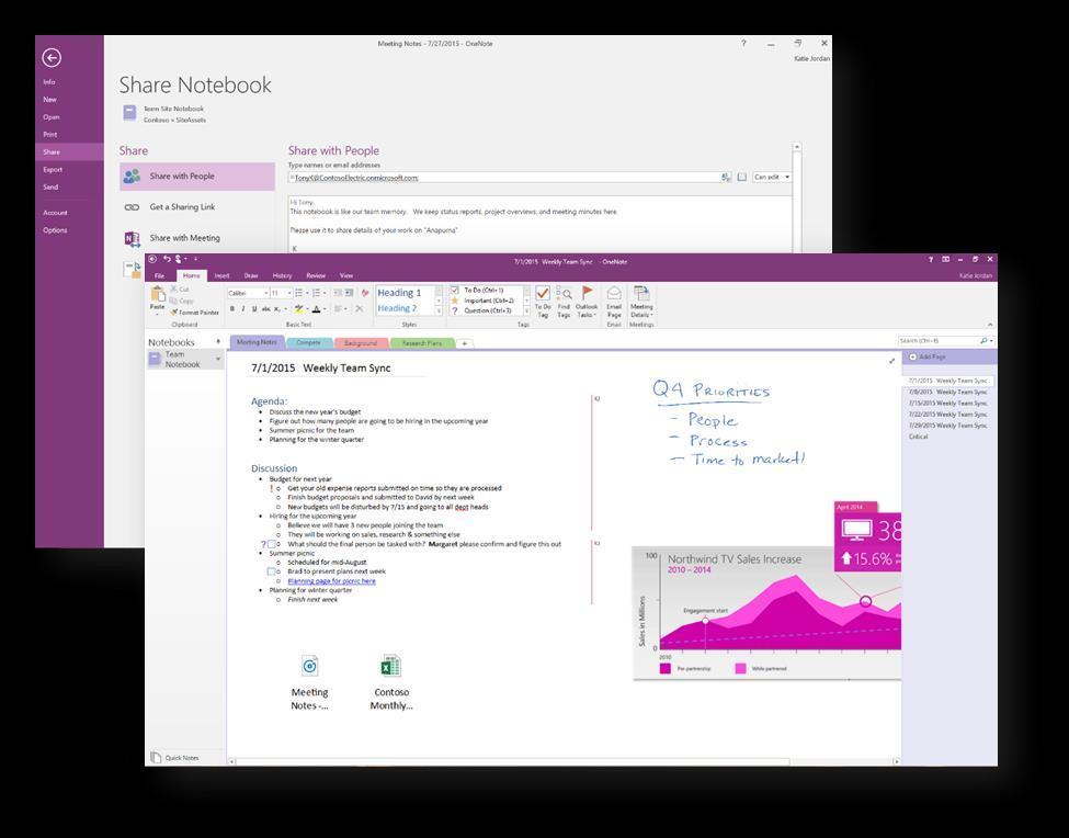 Shared Notebooks OneNote shared notebooks provide a centralized place to share all project information including photos, videos, drawings, typed or hand-written notes, screen clippings, and web pages.