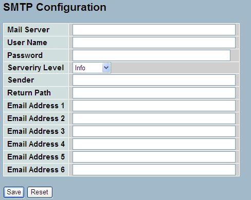 These parameters are displayed on the SMTP Configuration page: Mail Server: Specify the IP Address of the server transferring your email. Username: Specify the username on the mail server.