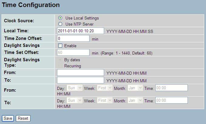4 System Configuration Clock Source: Select which clock source is used for the GS-2300 series. You can select Use local Settings or Use NTP Server as the switchs' time clock source.