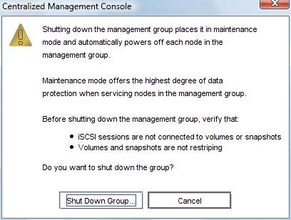4. Click Shut Down Group. You are next prompted to confirm the management group shutdown. 5. Click Shut Down Group to continue the shutdown process. 6.