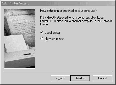 Operation with Windows 95/98/Me 5. Select how the printer is connected to the computer and click [Next]. Select [Local printer] when the printer is connected directly to the computer.