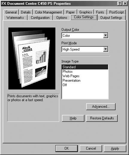 Operation with Windows 95/98/Me Color Settings Tab Side Output Tray - Sets whether or not the Side Tray (optional) is