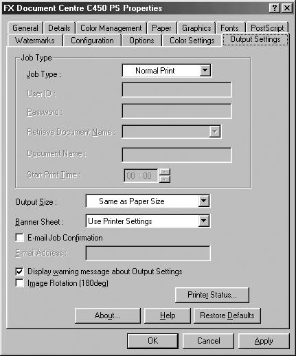 Operation with Windows 95/98/Me Output Settings Tab This section describes the settings in the Output Settings tab. NOTE: You can restore defaults by clicking [Restore Defaults].