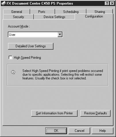 Operation with Windows NT 4.0 Configuration Tab Offset Catch Tray - Specifies whether the Offset Catch Tray (optional) is installed on the machine.
