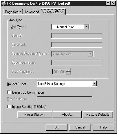 Operation with Windows NT 4.0 Output Settings Tab This section describes the settings in the Output Settings tab of the Document Defaults menu.