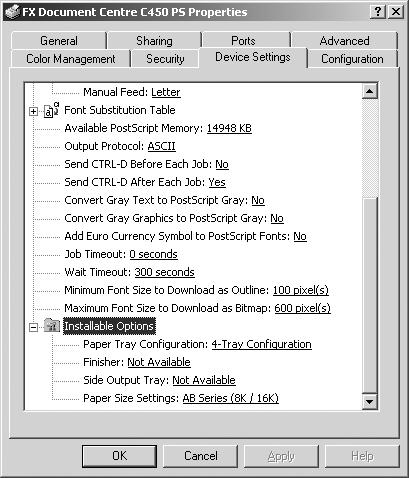 Operation with Windows 2000, Windows XP and Windows Server 2003 Device Options and Print Settings Device Settings Tab This section describes printer specific settings for printer driver properties.