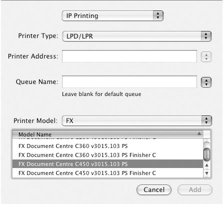 Click [Add]. After clicking [Add], a message may appear telling you that multiple printer files were found. Select the PPD file you will use and click [Add]. When using IP Printing 1.