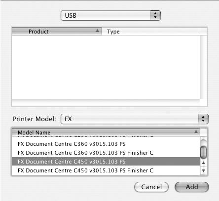 Operation on Macintosh Computers When using USB 1. Select [USB] from the menu, and select the printer you are using from the list. 2. Select [FX] from Printer Model, and select the printer to be used.