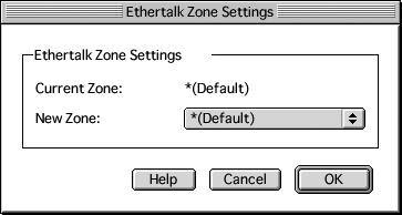 EtherTalk - The EtherTalk Zone Settings window is displayed by selecting the EtherTalk command from the Settings menu.