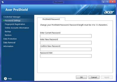 Credential Manager Acer ProShield - 31 Here you can set and manage your credentials, including Pre-boot authentication.